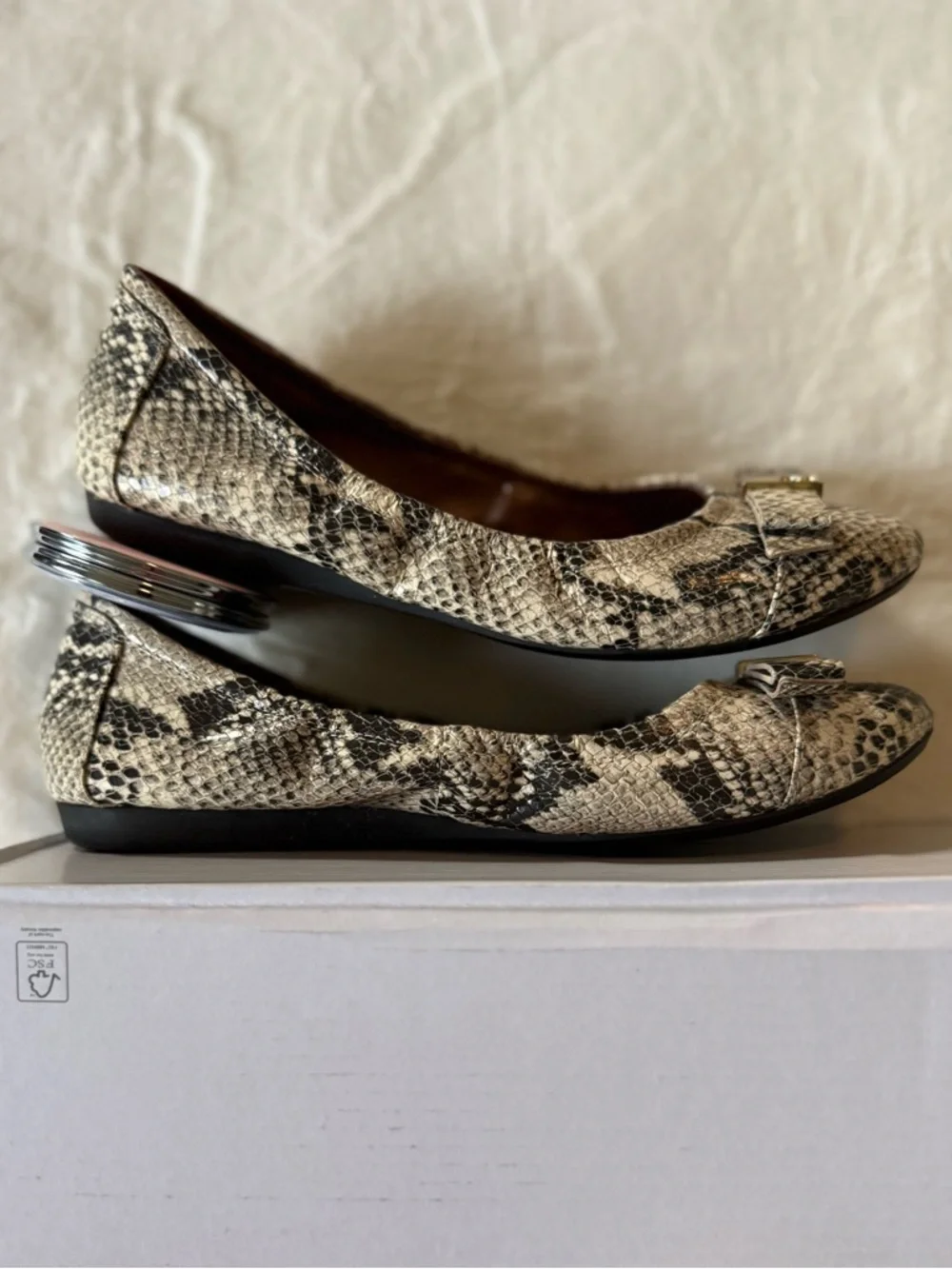 Cole Haan Ballet Flats Bow Detail Snake Print in Black and Cream 7.5